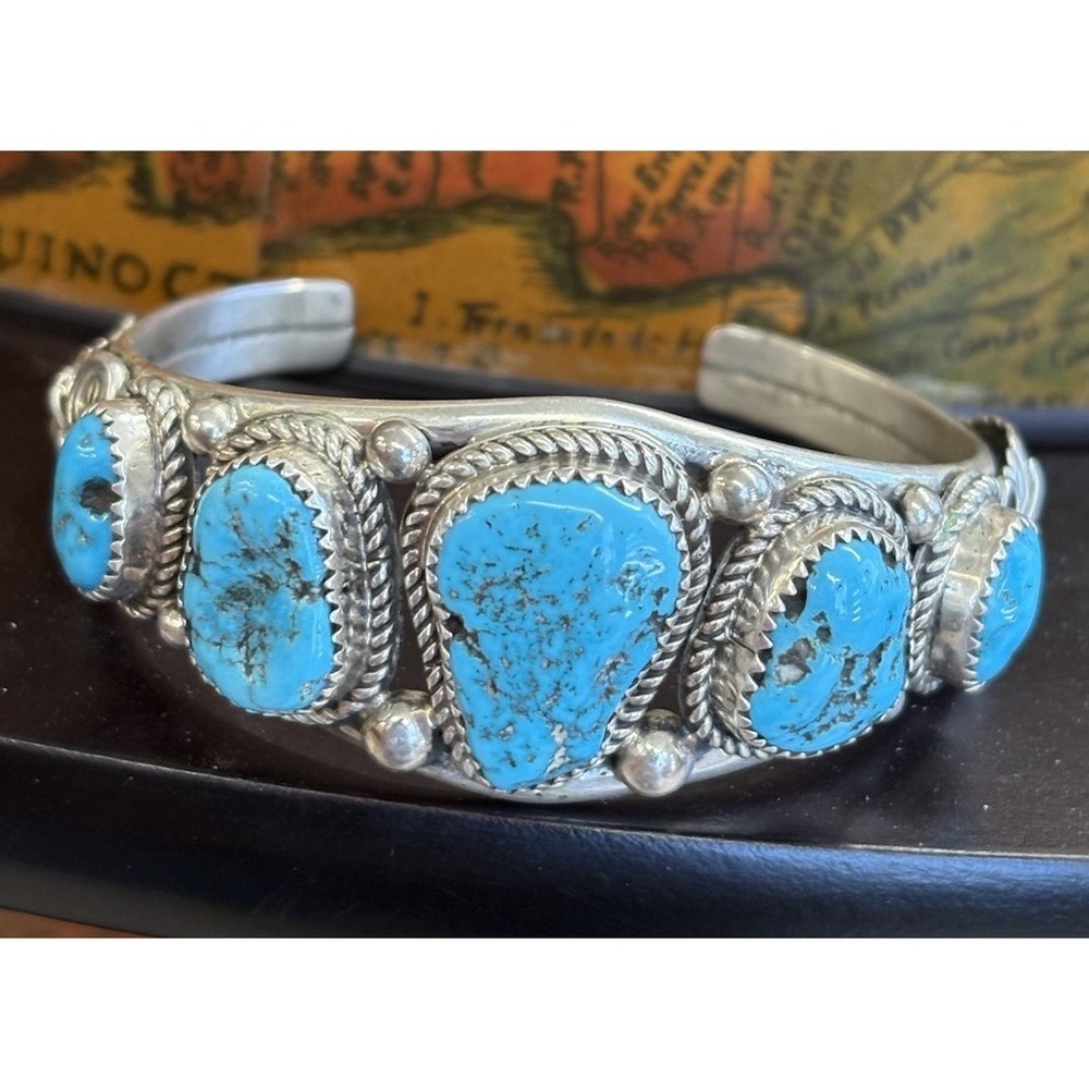 Vintage Native American Navajo Kingman Turquoise Silver Cuff Bracelet 43g - Picture 2 of 9